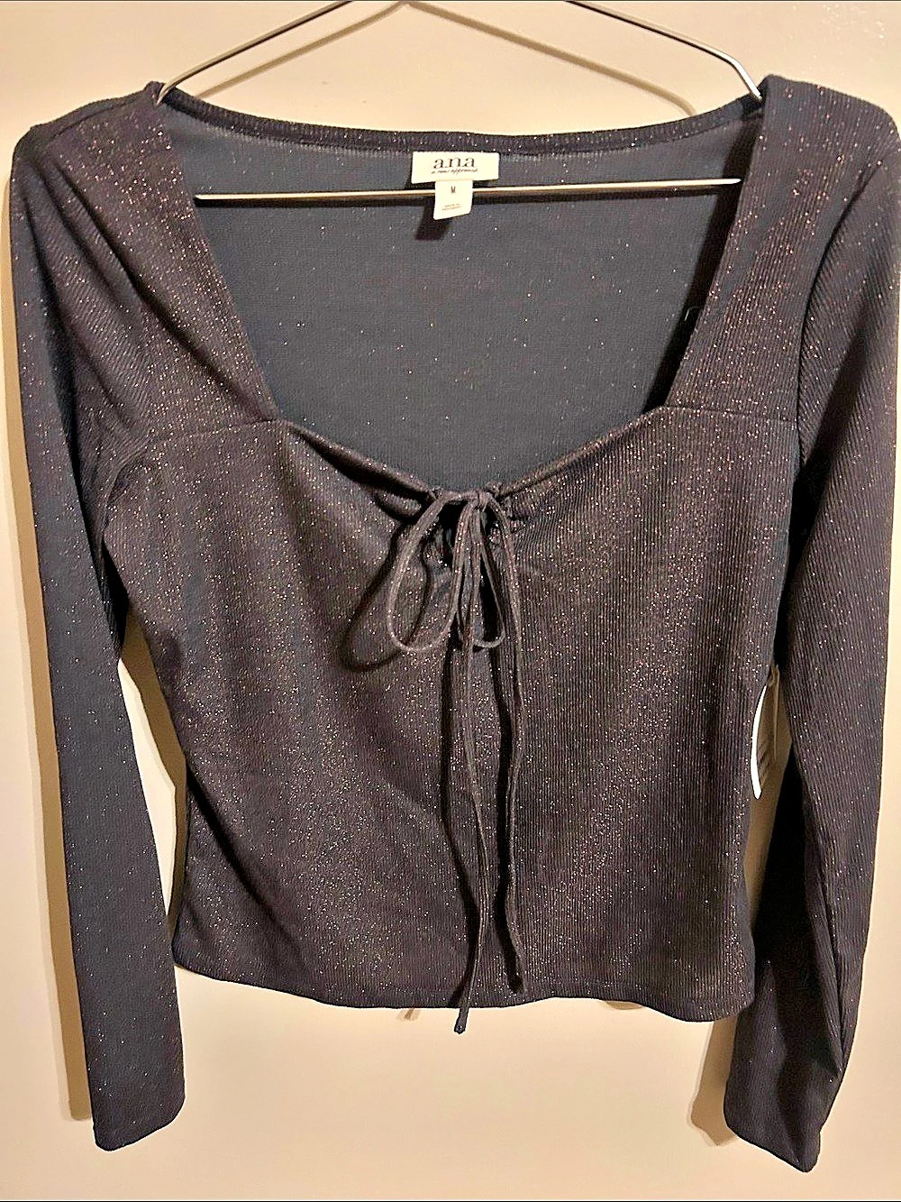 ana a new approach Long Sleeve Tie Front Crop Top in Black Size Medium NWT